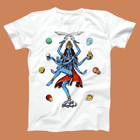 White T-Shirt featuring a multi-armed depiction of Maa Kaali dancing amidst symbolic cosmic elements.