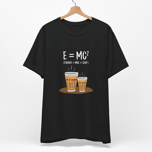 Black t-shirt with "E=MC2 (Energy = Milk x Chai)" text and two glasses of milk chai. A playful and nerdy design for tea lovers.