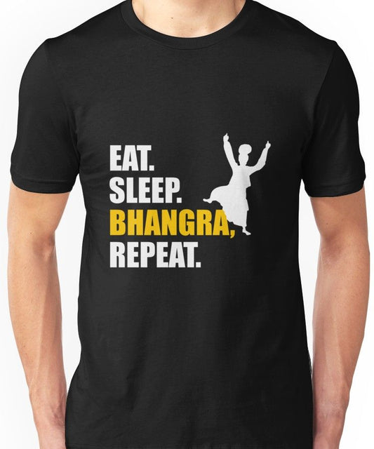 A person wearing a black t-shirt with white and yellow text "EAT. SLEEP. BHANGRA. REPEAT." and a white silhouette of a Bhangra dancer. Based on the style of dance, the person depicted may be of South Asian descent, possibly Punjabi.