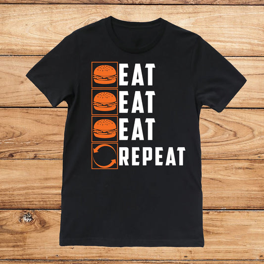 Black t-shirt with "Eat Eat Eat Repeat" text and hamburger graphics.  A playful design for burger enthusiasts and foodies.