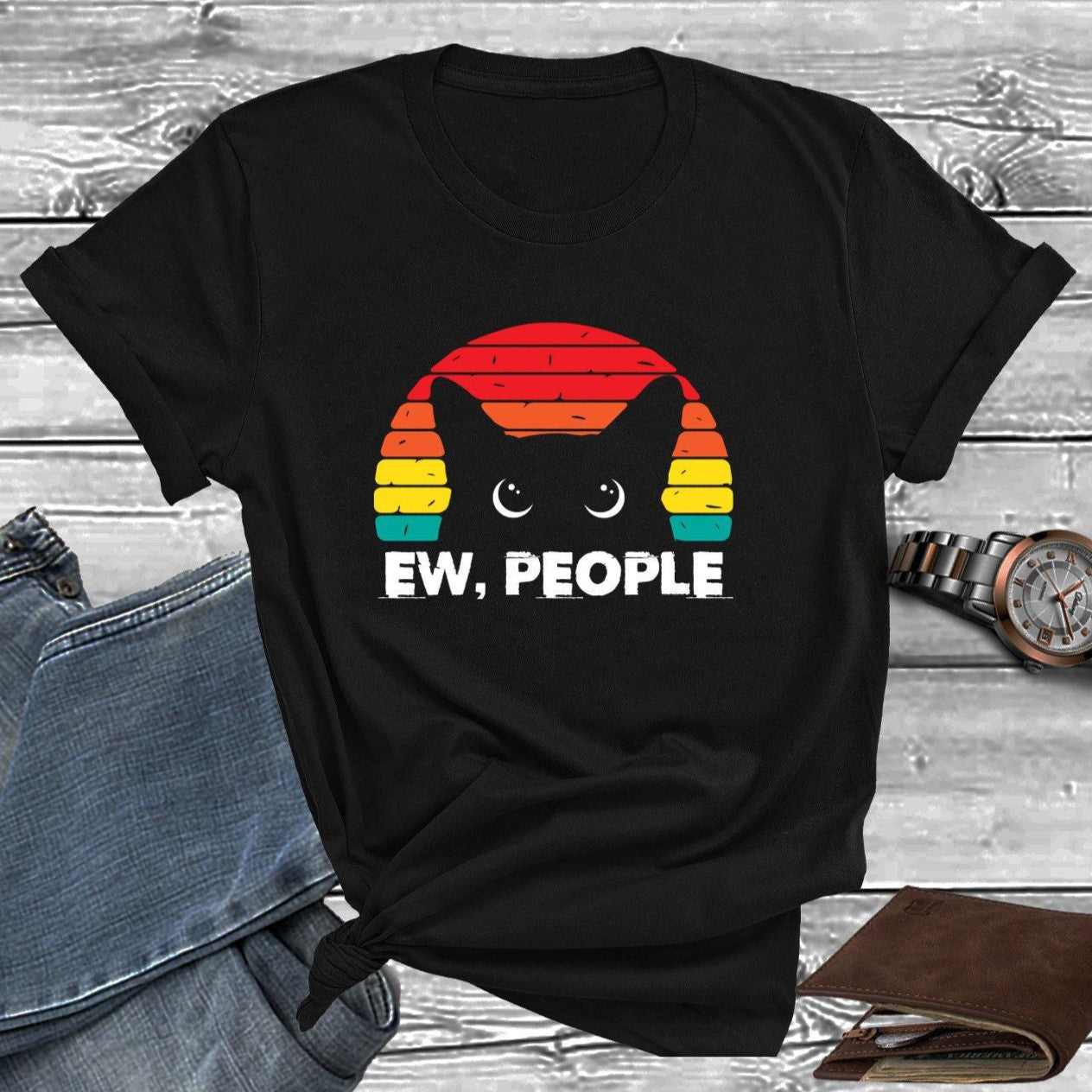 "Ew, People" t-shirt features a unique, high-quality print and offers a custom face option, highlighting our premium design and personalization capabilities.