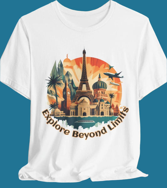 White short-sleeved t-shirt featuring colorful illustrations of world landmarks, airplanes, and the text "Explore Beyond Limits".