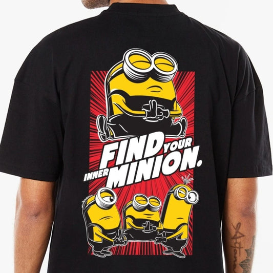 Dark-colored oversize t-shirt with a "Find Your Inner Minion" graphic featuring three yellow Minions on the back.