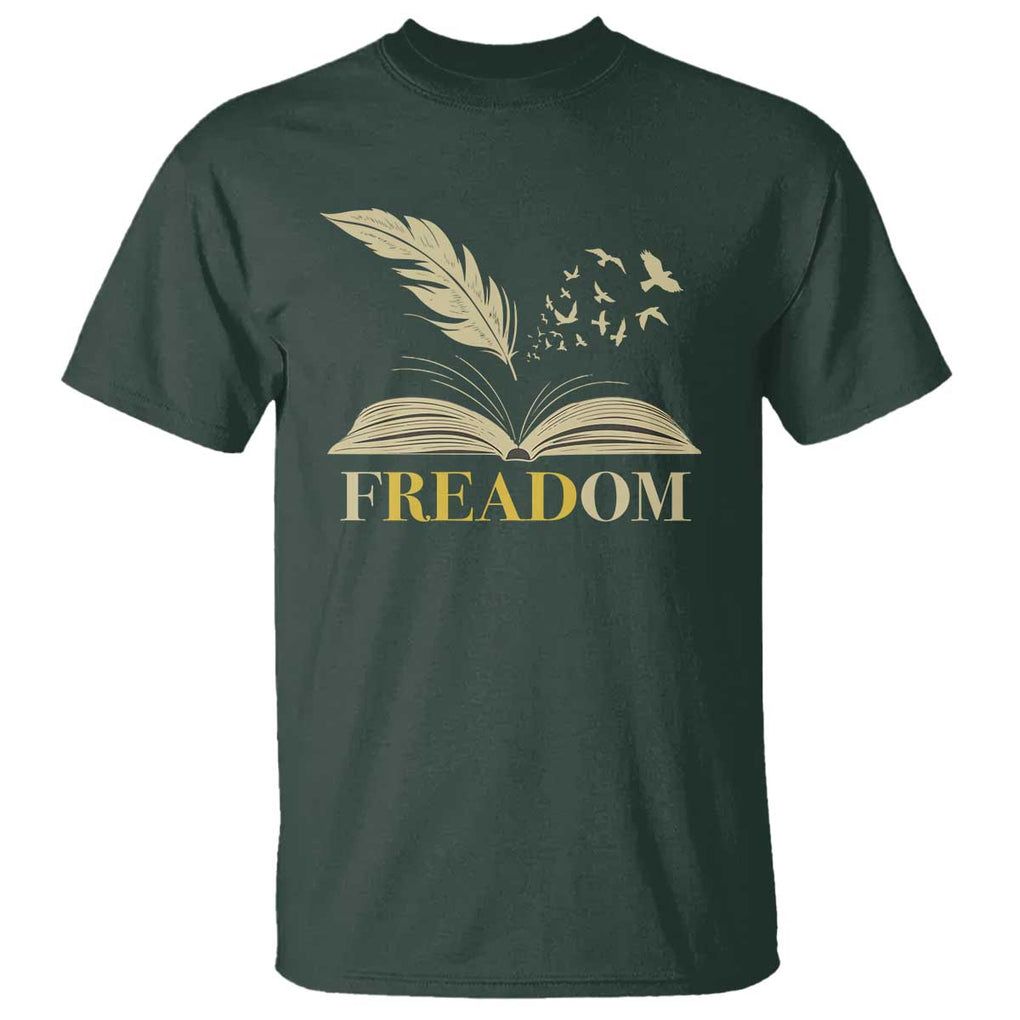 Dark green t-shirt with an open book, quill, and birds graphic, featuring the word "Freadom."  Celebrates reading and literary freedom.