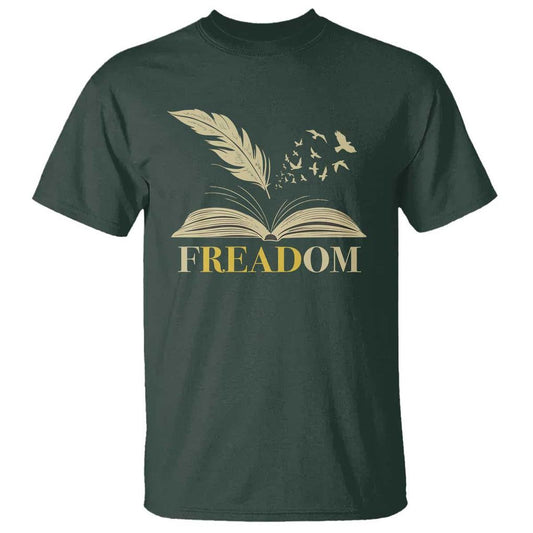Dark green t-shirt with an open book, quill, and birds graphic, featuring the word "Freadom."  Celebrates reading and literary freedom.