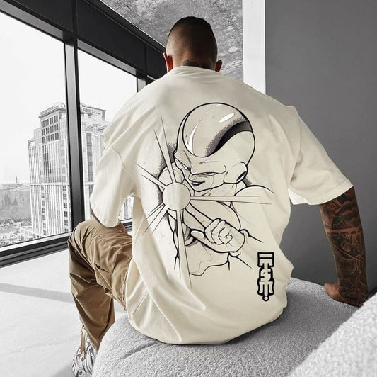 Light-colored oversize t-shirt with a black line drawing of Frieza from Dragon Ball Z on the back, posed with his arms crossed and a glowing orb in his hands.