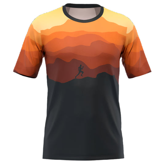 Men's running sublimation T-Shirt with an orange mountain landscape Front Side.