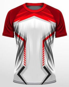 Front Side Red and white sublimation soccer T-Shirt with black accents.
