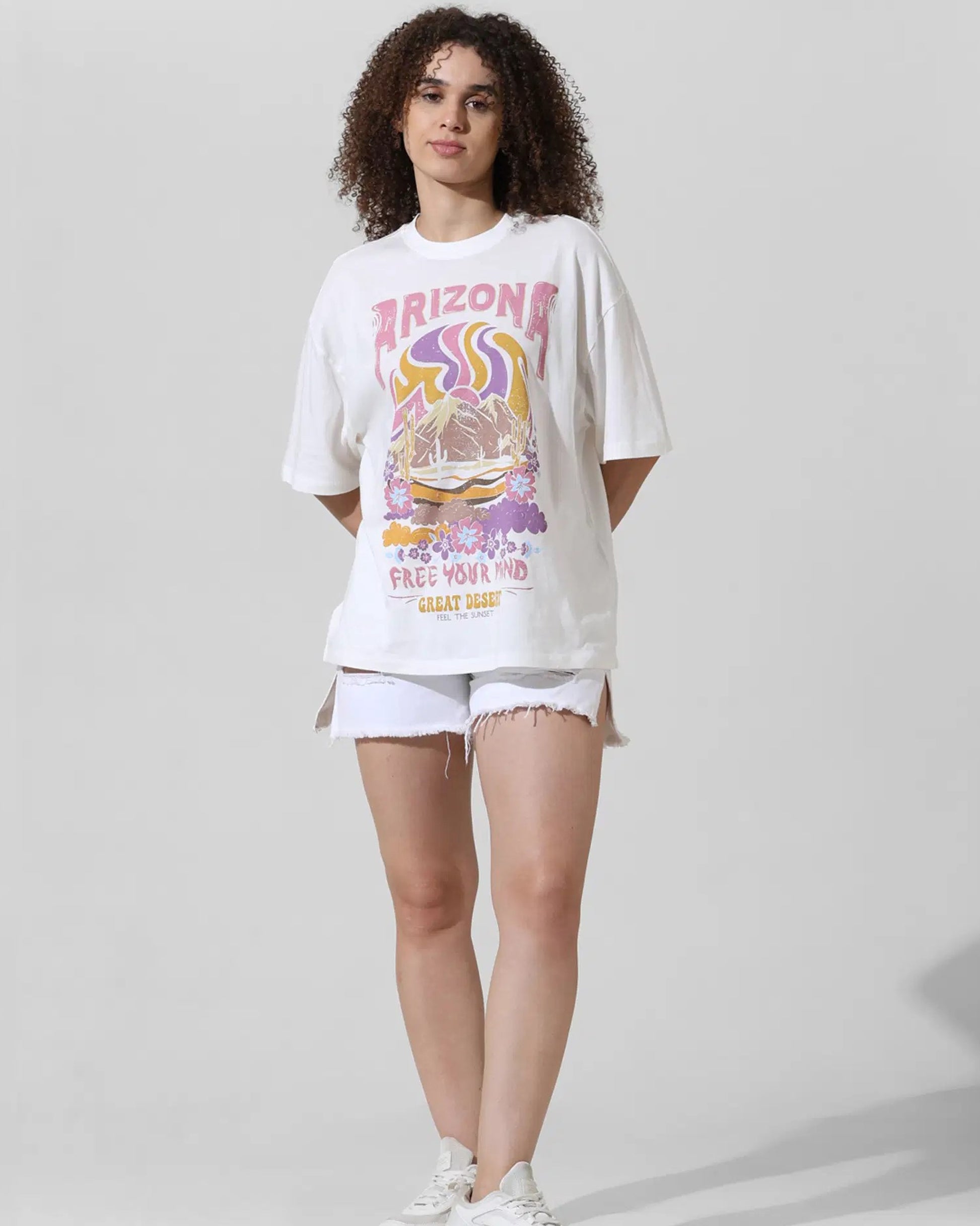 Front Side of Arizona Free Your Mind Female Printed White Oversize T-Shirt