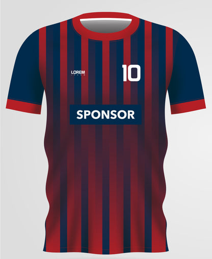 Front Side of Blue and Red Striped Soccer Sublimation T-Shirt