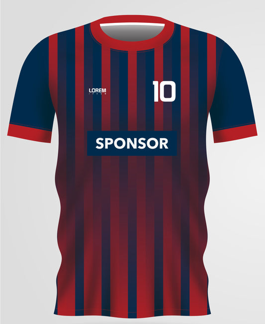 Front Side of Blue and Red Striped Soccer Sublimation T-Shirt