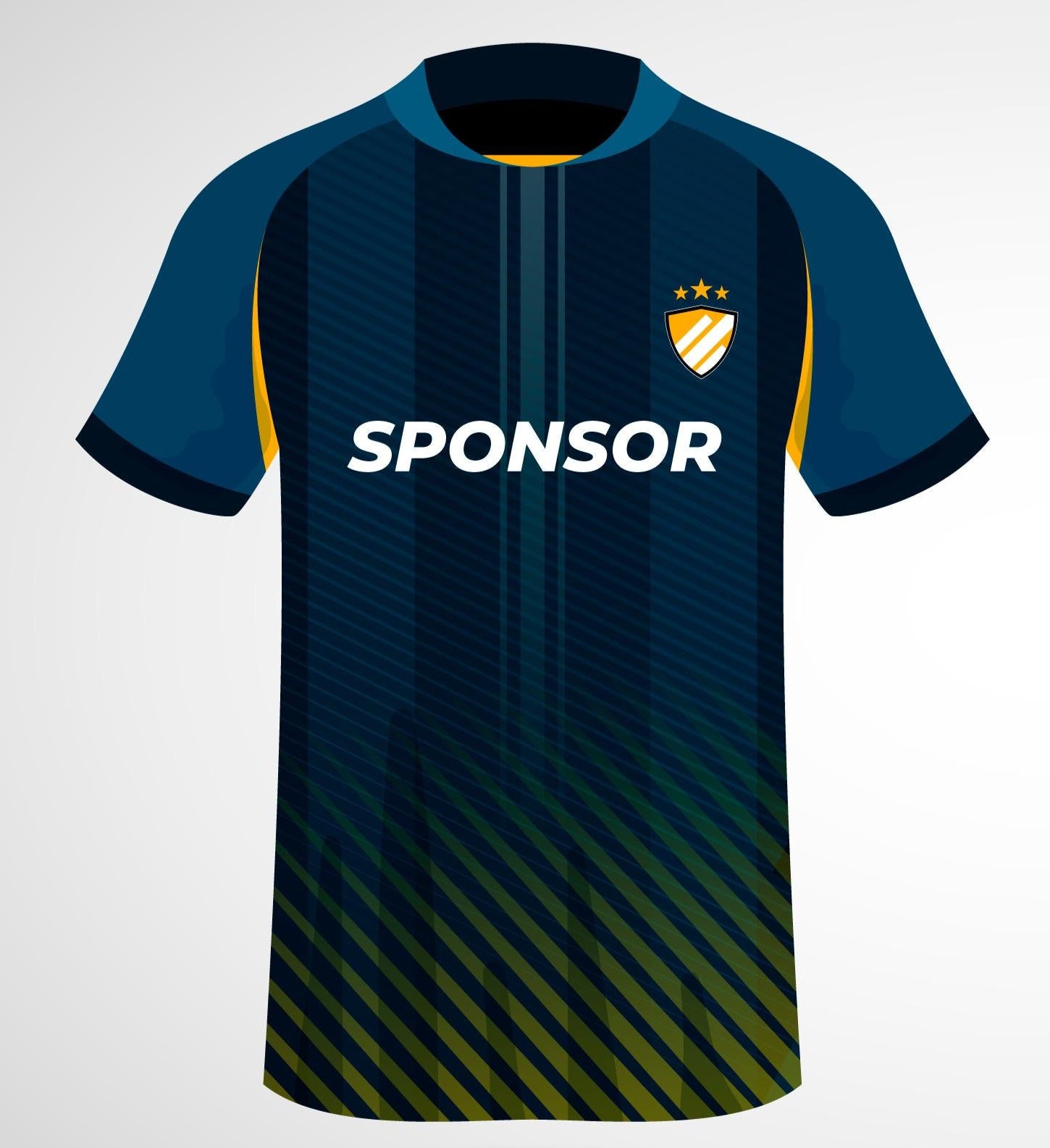 Front Side of Blue and yellow soccer jersey T-Shirt with sponsor and player number 17.