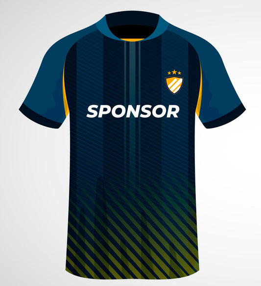 Front Side of Blue and yellow soccer jersey T-Shirt with sponsor and player number 17.