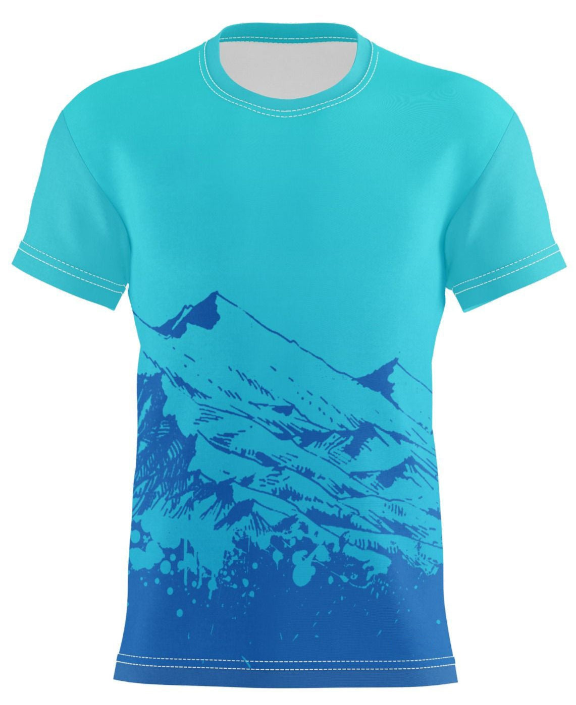 Front Side of Teal T-Shirt featuring a blue mountain range graphic with sublimation print.