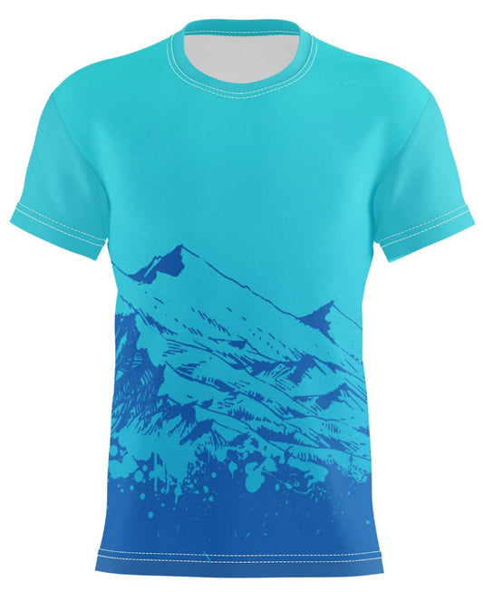 Front Side of Teal T-Shirt featuring a blue mountain range graphic with sublimation print.