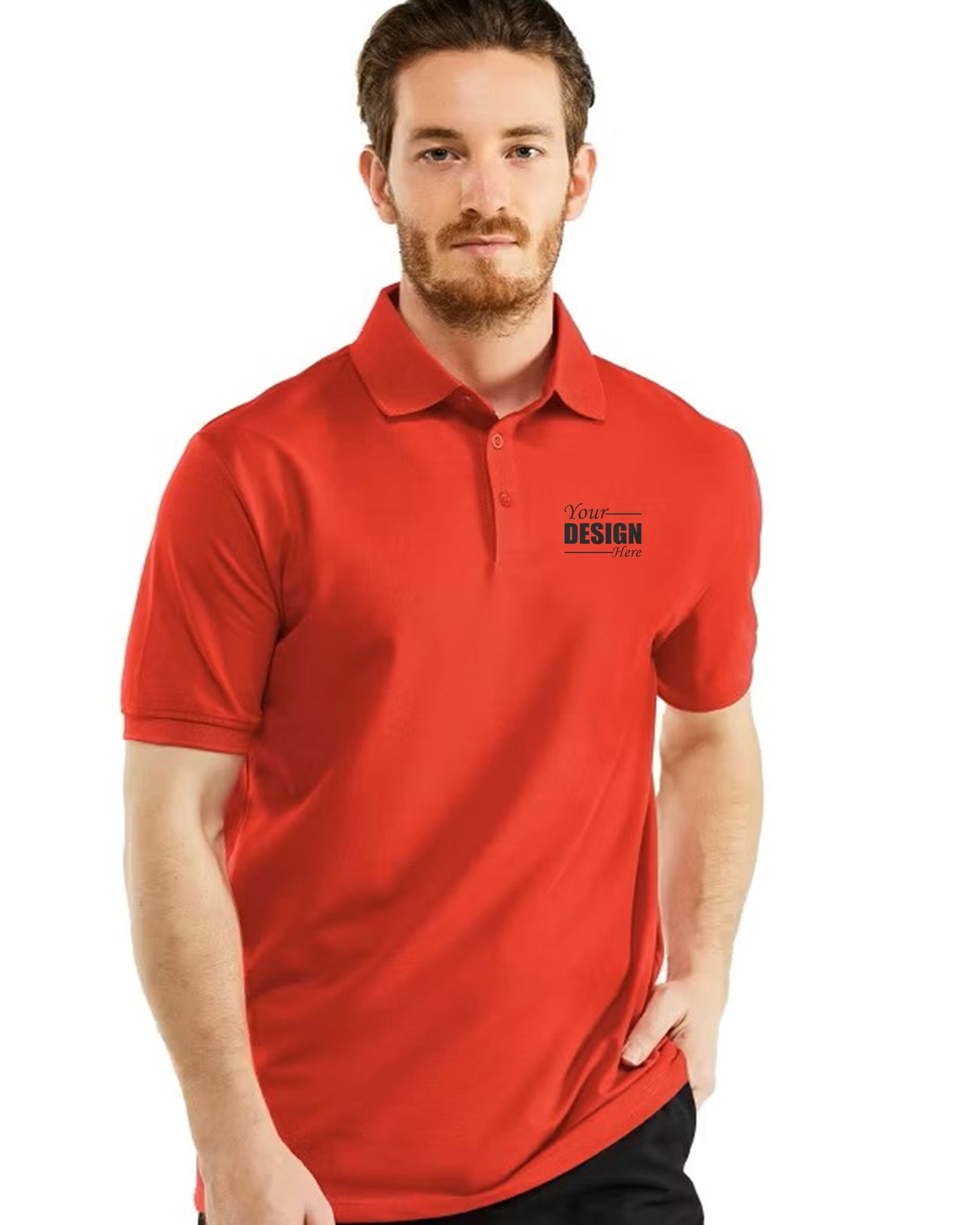 Front_View_Men_in_Red_Polo_T-Shirt_with_YOUR_DESIGN_HERE