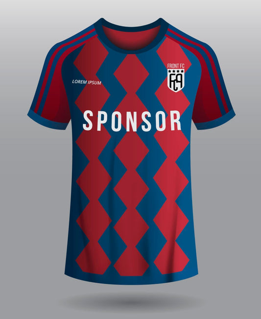 Front View of Blue and Red Diagonal Soccer Sublimation Print T-Shirt