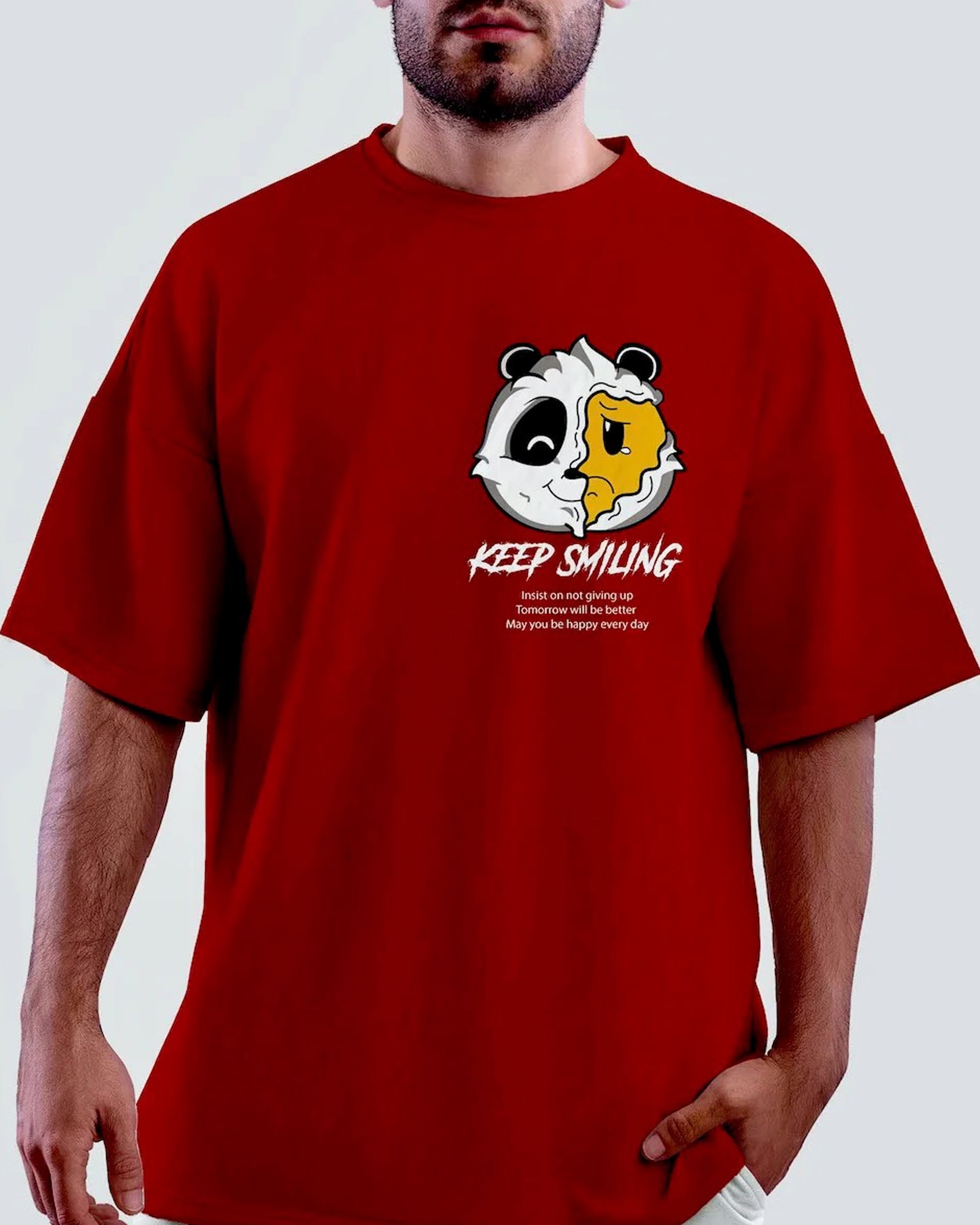 Front View of Keep Smiling Print Red Oversize T-Shirt