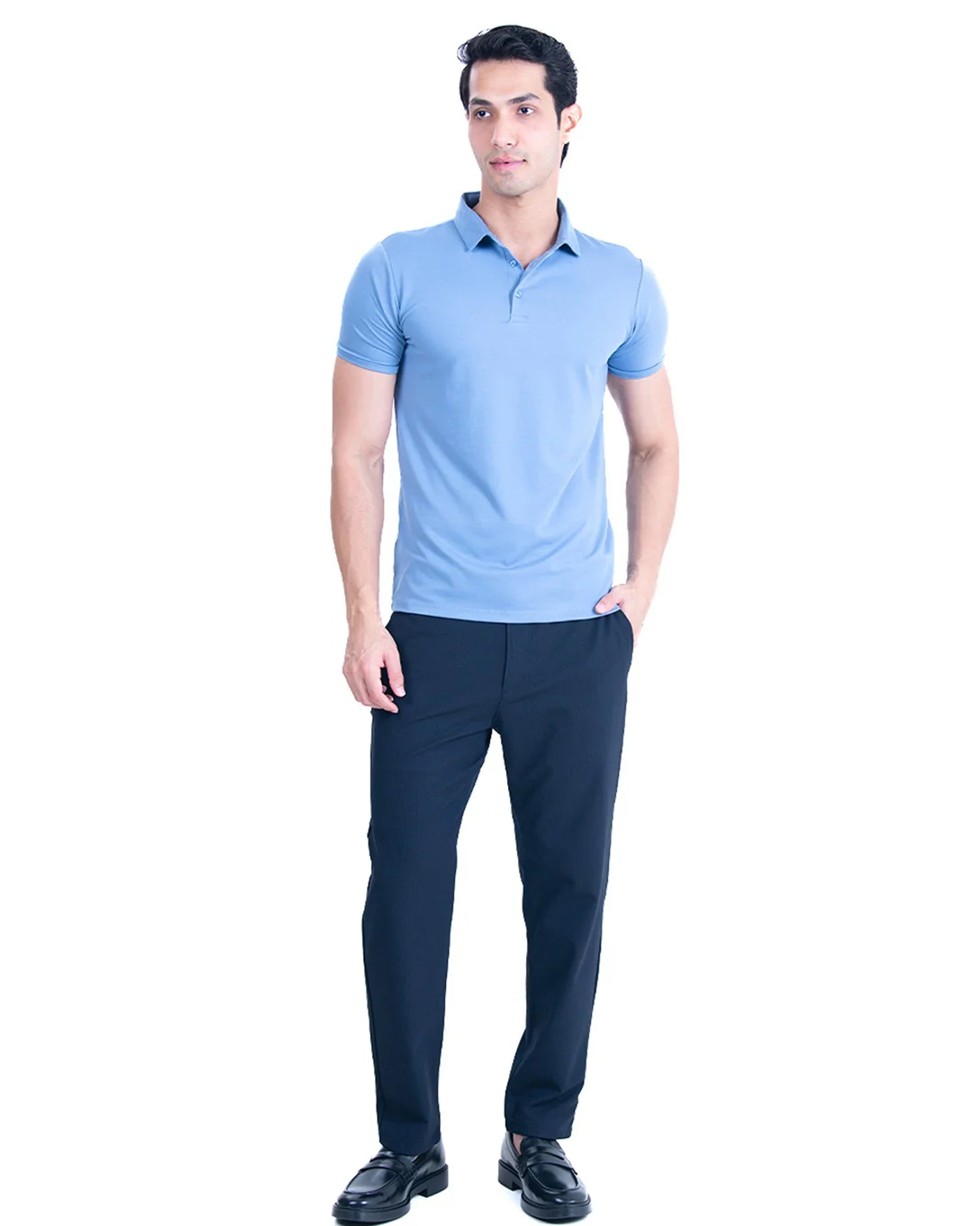 Front side view Light Blue Polo T-Shirt for Men with Short Sleeves and Collar