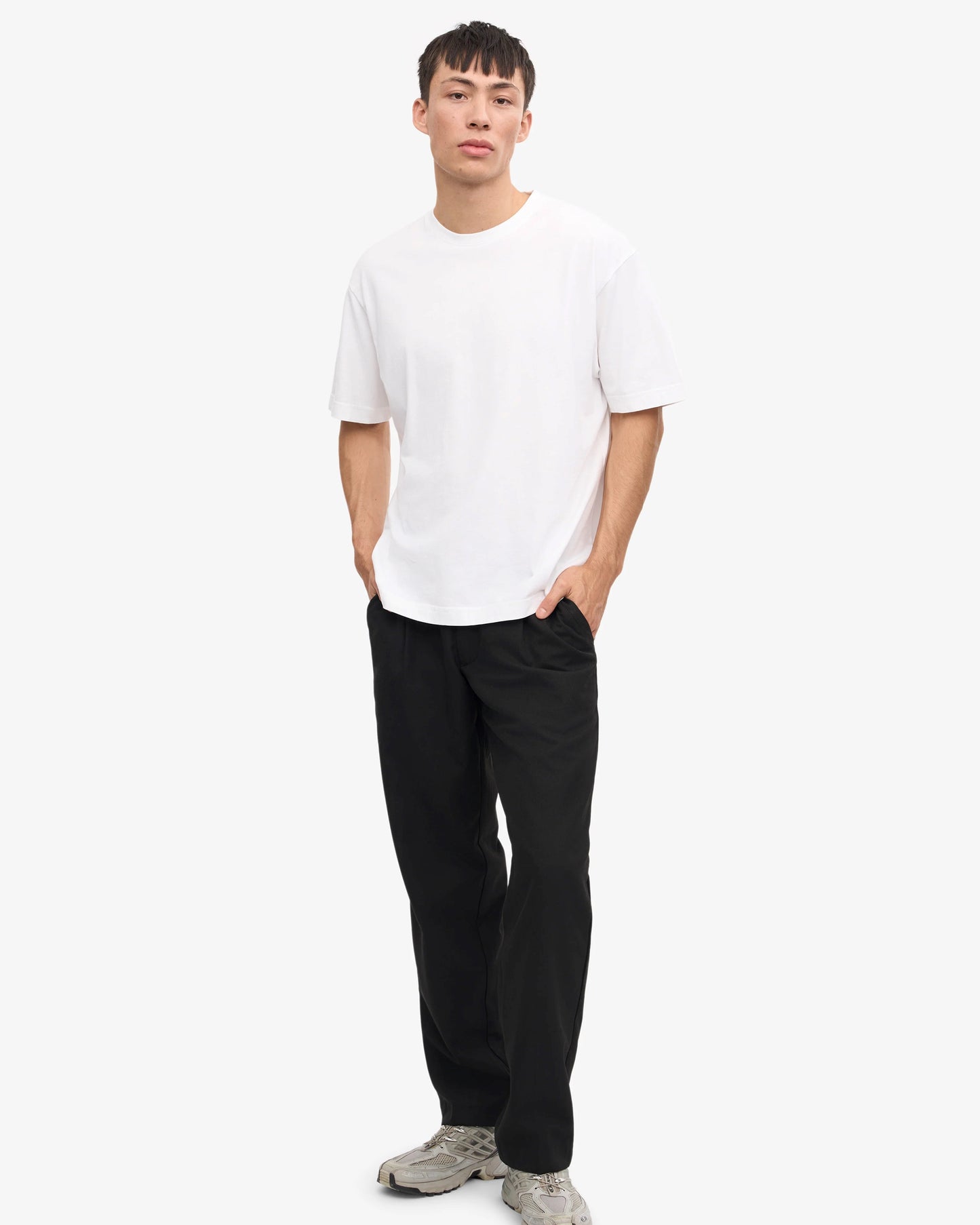 Full Body Front View of White Oversize T-Shirt & Black Full Chinos