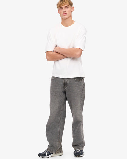 Full Body Front View of White Oversize T-Shirt & Grey Jeans