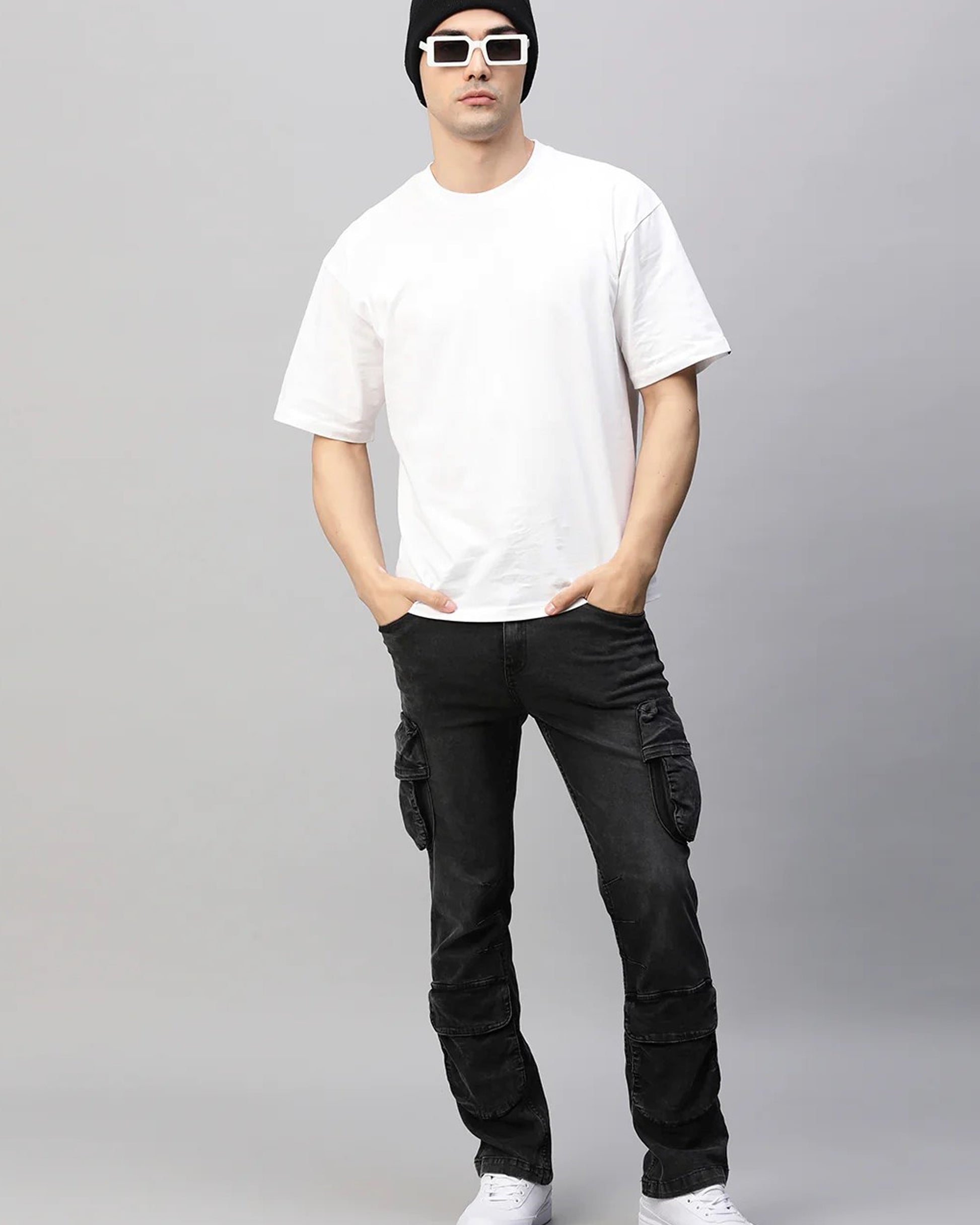Full View of White Plain Oversized T-Shirt with Black Cargo Jeans