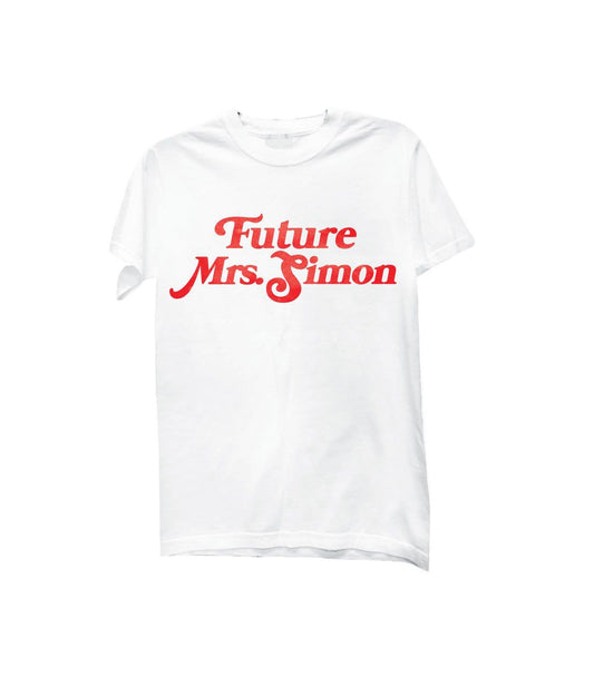 White cotton t-shirt with red, retro-style script reading "Future Mrs. Simon".