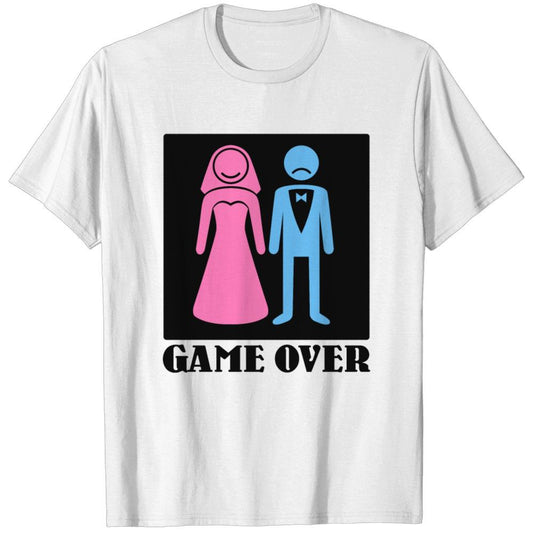 White cotton t-shirt with a black square graphic showing a pink bride and a sad blue groom in a suit with "GAME OVER" text below.