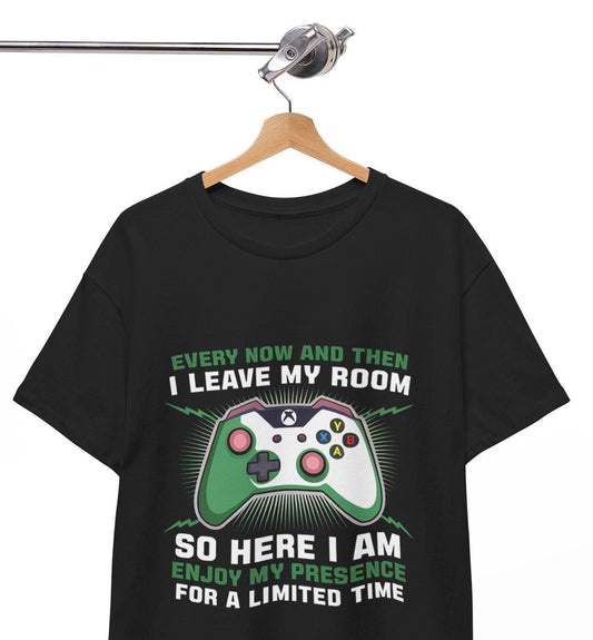 Black t-shirt with "Every Now And Then I Leave My Room" and a controller graphic.