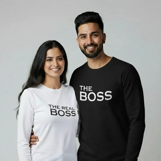 The Boss & The Real Boss Couple Sweatshirts – Trendy Matching Outfits for Couples in Black & White