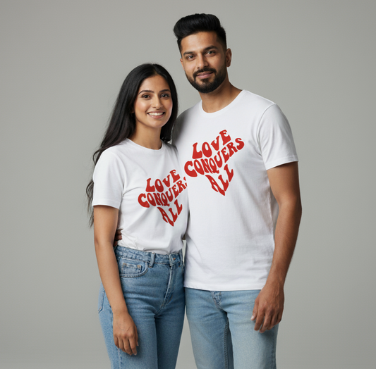 "LOVE CONQUERS ALL" matching couple T-shirts