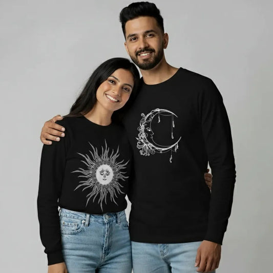 DivviK Sun & Moon Couple Sweatshirts | Matching Black Round Neck Sweatshirts for Him & Her