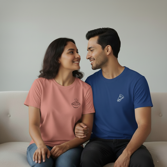 DivviK Couple T-shirts | Pizza &  Ramen Bowl Matching Round Neck Tees for Him & Her
