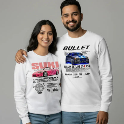 JDM Car Couple Sweatshirts | Suki Pink S2000 & Bullet R34 Skyline Matching Sweaters