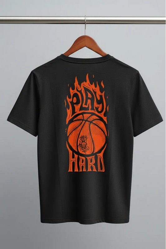 DivviK "Play Hard" Flaming Basketball Graphic T-Shirt | Sports Motivation Tee
