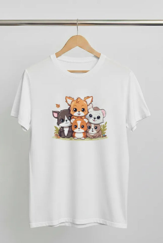 DivviK Fluffy Friends Gathering Graphic T-Shirt | Cute Cartoon Animal Lover Tee