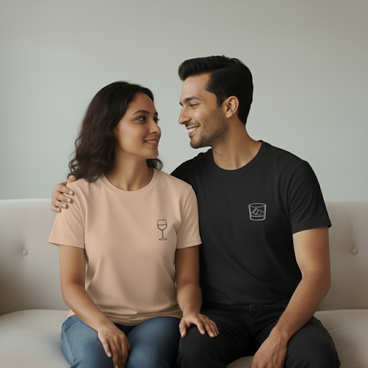 DivviK Couple T-shirts | Wine & Whiskey – DivviK Couple T-shirts Matching Round Neck Tees for Him & Her