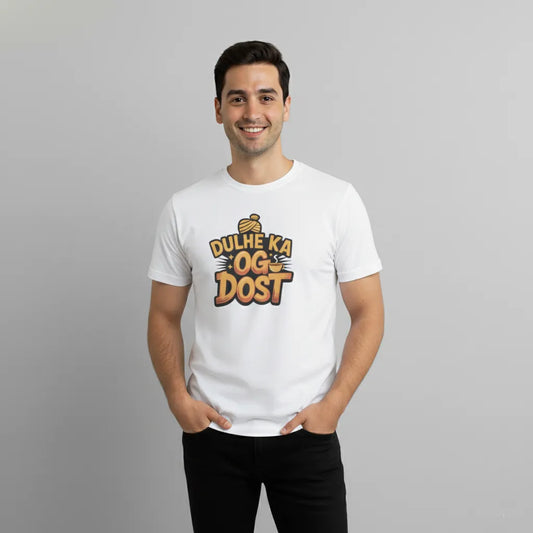 DivviK Dulhe Ka OG Dost T-shirt | Funny Groom’s Friend Round Neck Tee for Wedding Squad & Haldi Functions
