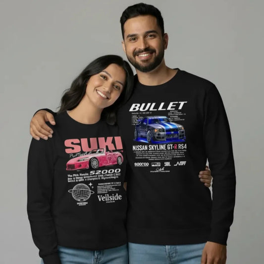 JDM Car Couple Sweatshirts | Suki Pink S2000 & Bullet R34 Skyline Matching Sweaters