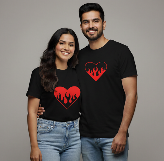 Flaming Heart Matching Couple T-Shirts
