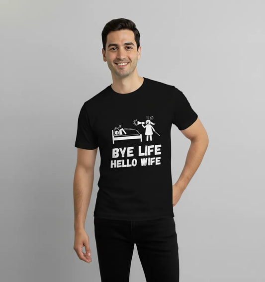 DivviK Bye Life Hello Wife T-shirt | Funny Marriage Graphic Tee for Groom & Newlywedson