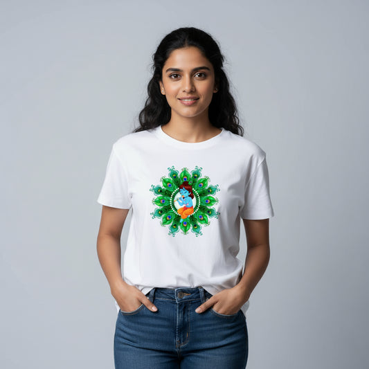 Krishna's Peacock Mandala T-Shirt: Bal Gopal Design
