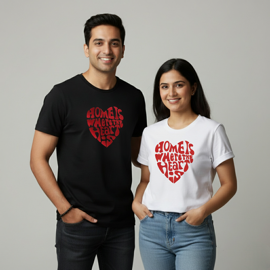 Mr. & Mrs. Couple Theme T-Shirt: "Home Is Where The Heart Is" Matching Short Sleeve Tees - Black & White