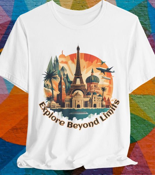 White t-shirt with a colorful graphic of world landmarks and the phrase "Explore Beyond Limits"