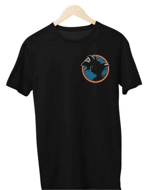  Black t-shirt featuring a stylized illustration of Goku in Ultra Instinct form, with blue and white accents.