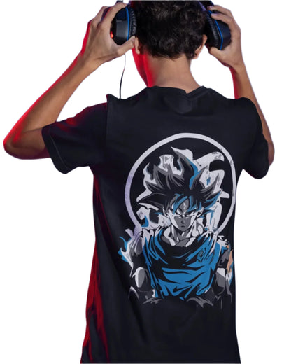 Goku Ultra Instinct T-Shirt Power Unleashed in Black with long back View.