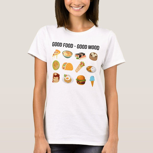 White t-shirt with "Good Food - Good Mood" text and various food illustrations.  A fun design celebrating diverse culinary delights.