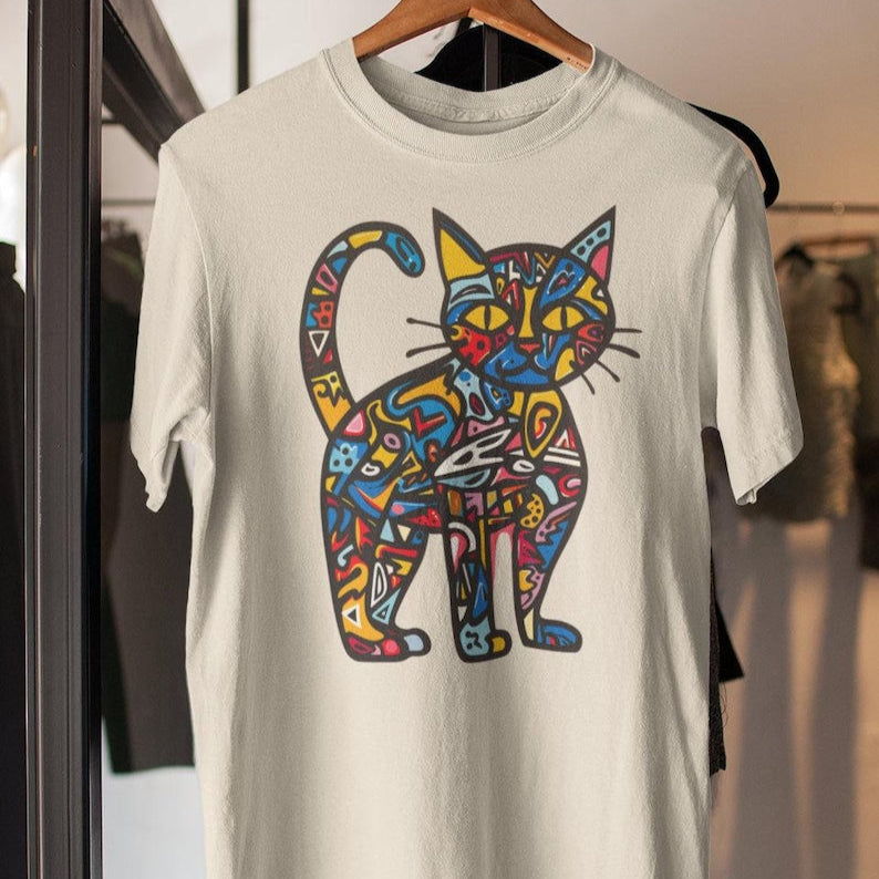 Off-White t-shirt with a vibrant, graffiti-style abstract cat design.