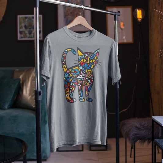 Heather gray t-shirt with a vibrant, graffiti-style abstract cat design.