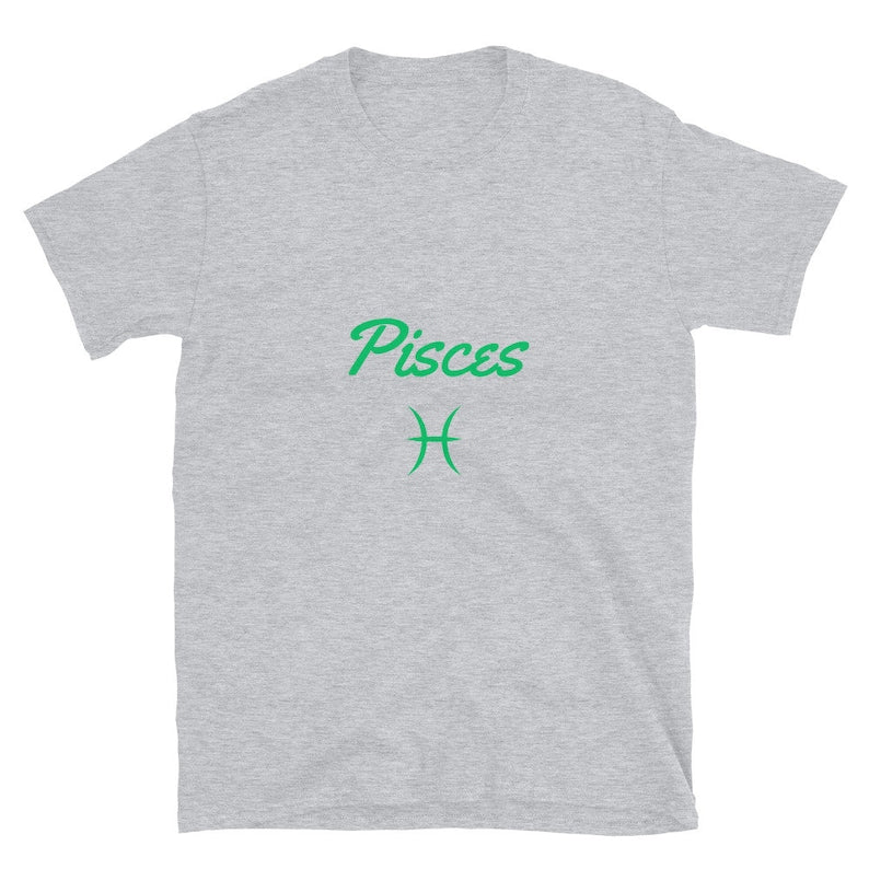 Gravel Grey t-shirt with the word "Pisces" in green script above the Pisces astrological symbol.